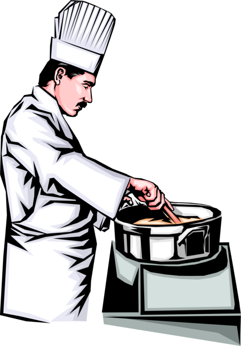 Vector Illustration of Culinary Cuisine Restaurant Chef Stirs Food in Large Saucepan