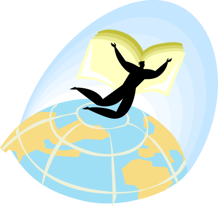 Vector Illustration of Promoting World Literacy with Flying Man Carrying Book