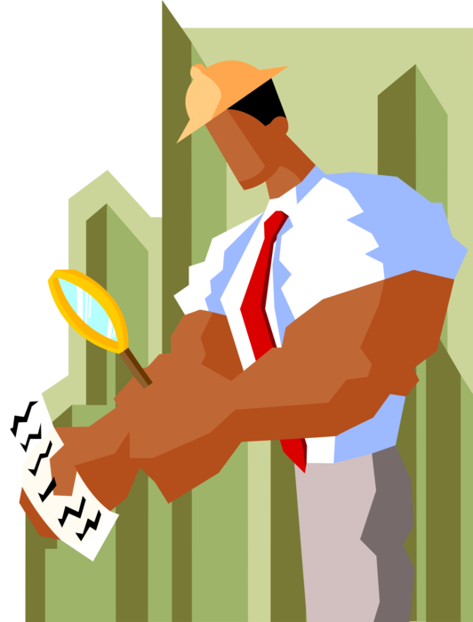Vector Illustration of Powerful Businessman with Jacked Biceps Examines Message with Magnifying Glass