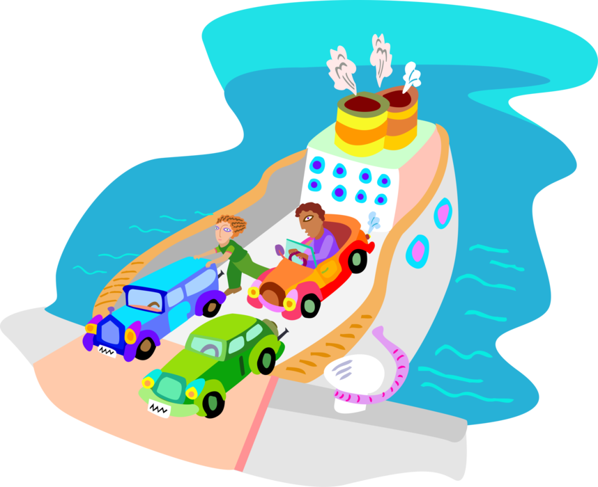 Vector Illustration of Ferry or Ferryboat Transports Car Automobiles and Passengers Across Water