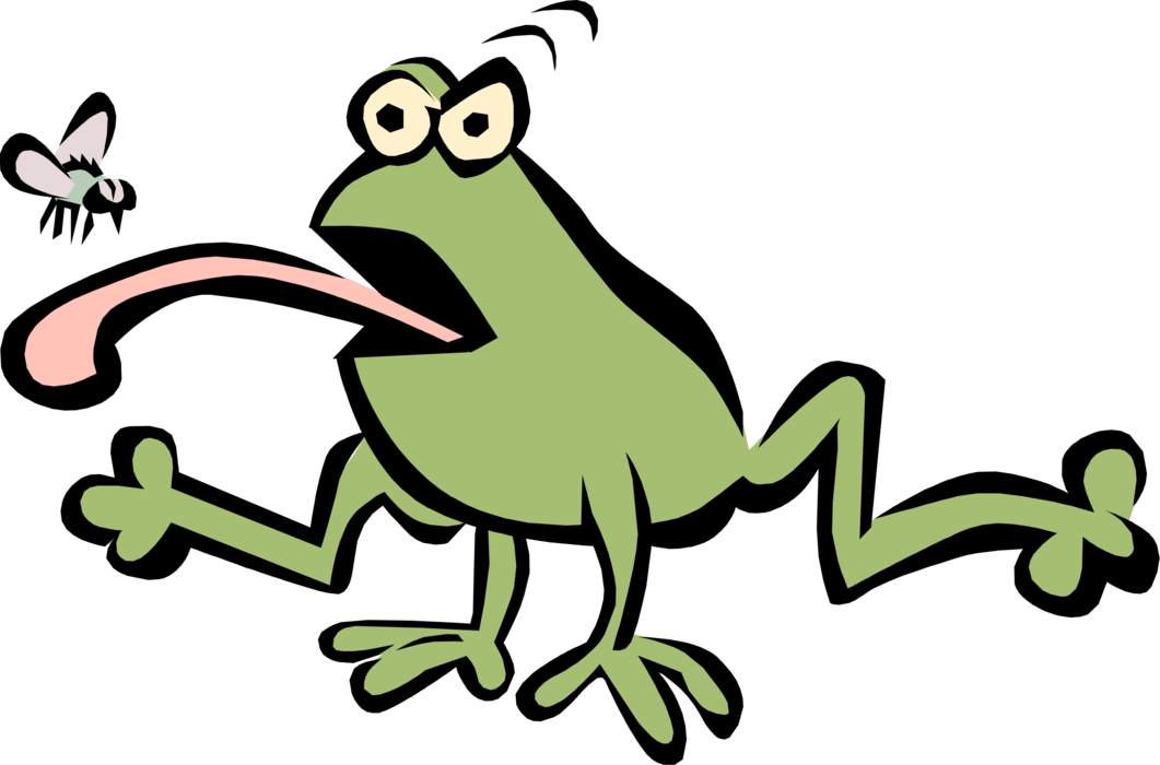 Vector Illustration of Amphibian Frog Portrayed as Benign, Ugly, and Clumsy Catches Insect Bug