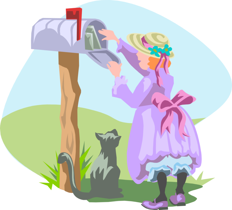 Vector Illustration of Girl Checking the Letter Box or Mailbox Receptacle for Incoming Mail