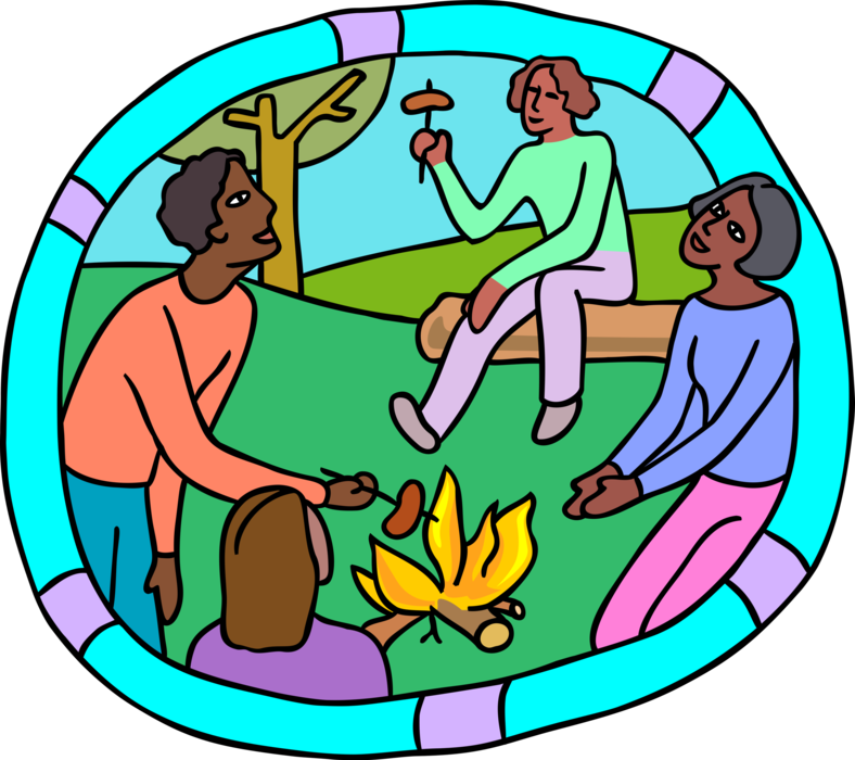 Vector Illustration of Friends Enjoy Campfire Weiner Roast Over Fire