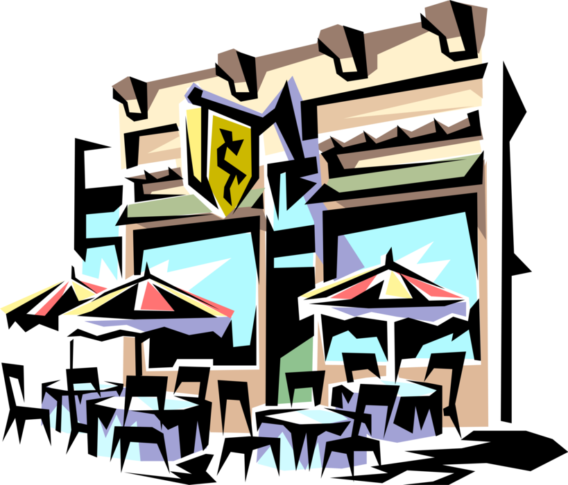 Vector Illustration of Street Café Restaurant with Tables, Chairs and Umbrellas Outdoors