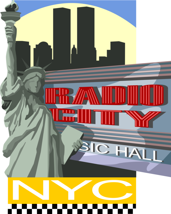 Vector Illustration of New York Radio City Music Hall with Statue of Liberty and Pre-911 Skyline