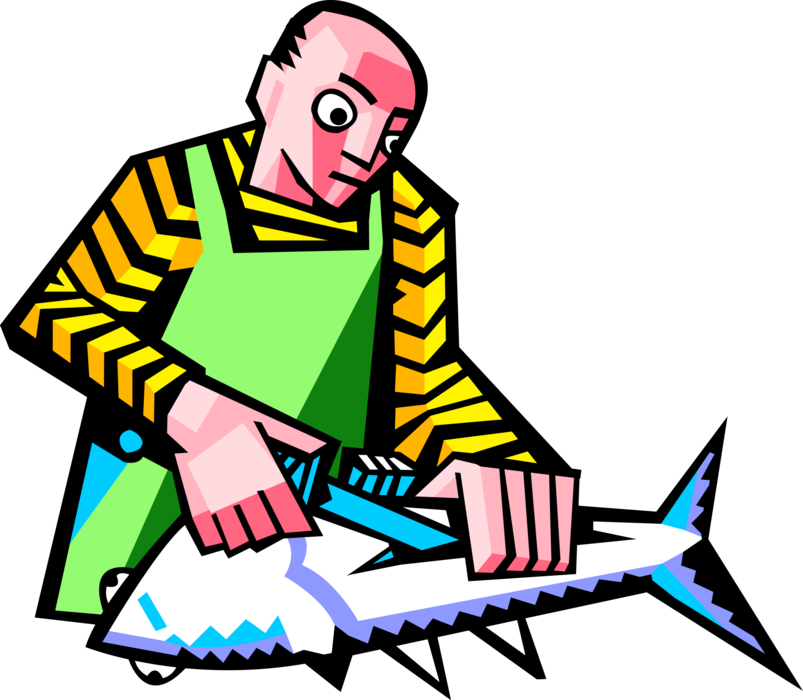 Vector Illustration of Sport Fisherman Angler Cleans Fresh Caught Fish with Fishing Knife