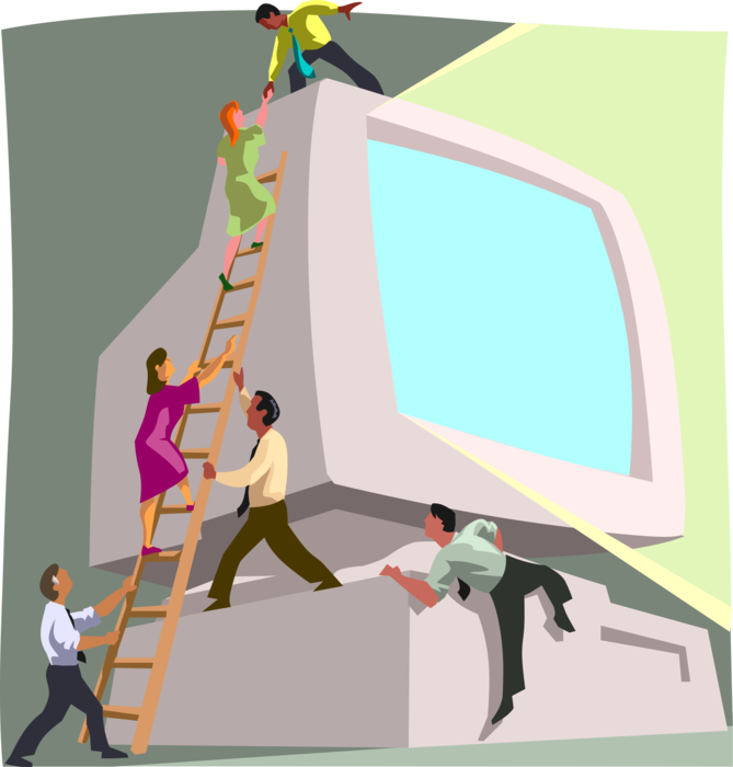 Vector Illustration of Business Associates Climbing Technology Ladder