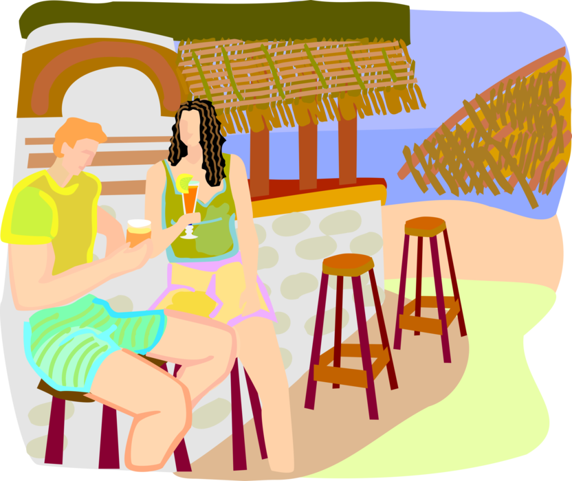 Vector Illustration of Holiday at Caribbean Beach Resort Enjoying Alcohol Beverage by the Pool