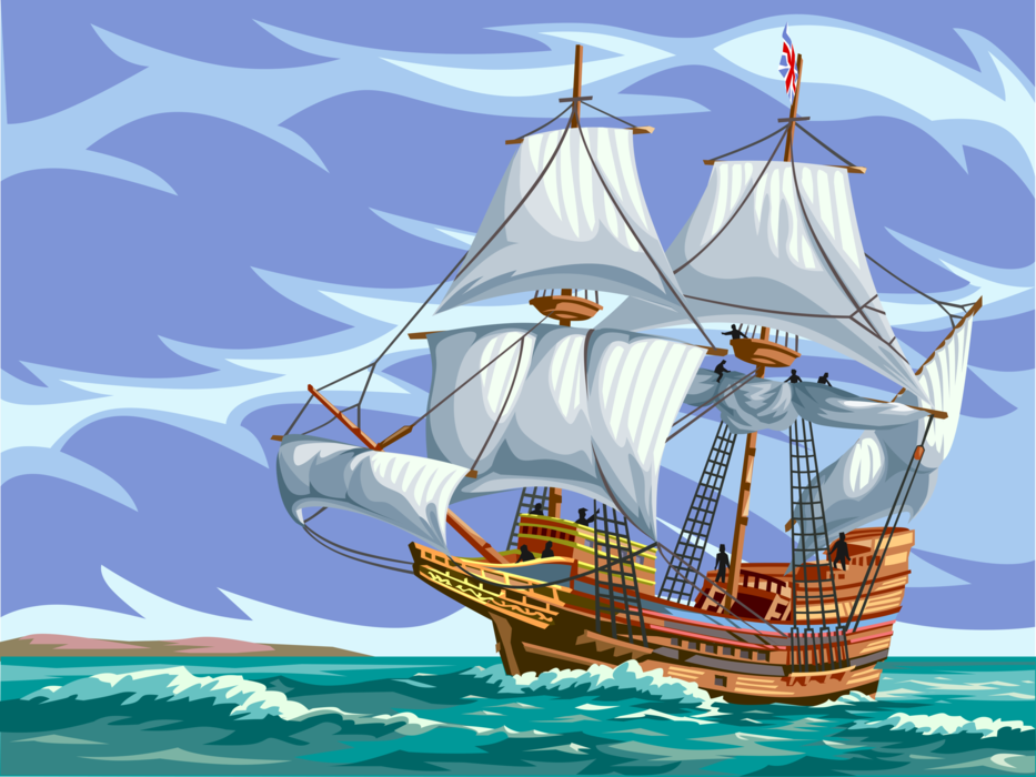 Vector Illustration of Tall Ship Traditionally-Rigged 15th Century Sailboat Sailing Vessel Under Sail on High Seas