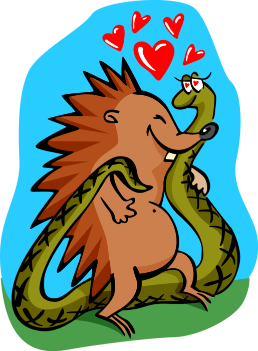 Vector Illustration of Hedgehog with Reptile Snake in Love with Hearts