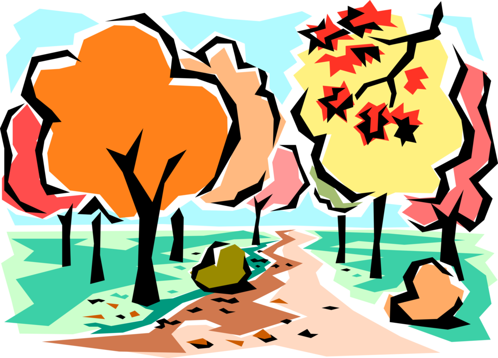 Vector Illustration of Fall Scene with Autumn Leaves Changing Color