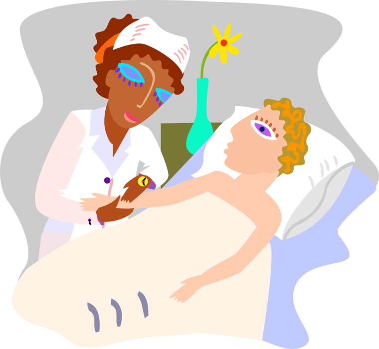 Vector Illustration of Health Care Nurse Takes Patient's Pulse in Hospital Bed