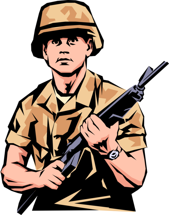 Vector Illustration of Military Soldier in Combat with Automatic Rifle