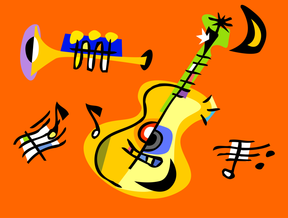Vector Illustration of Trumpet Horn Brass Musical Instrument and Acoustic Guitar Stringed Instrument