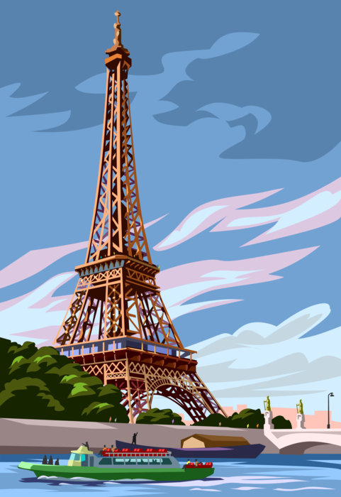 Vector Illustration of Eiffel Tower in Paris France with River Seine Tour Boat 