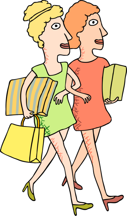 Vector Illustration of Women Besties Enjoy Retail Shopping Spree with Purchases and Packages