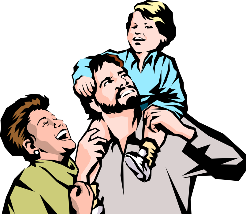 Vector Illustration of Mother and Parent Father with Child on Shoulders