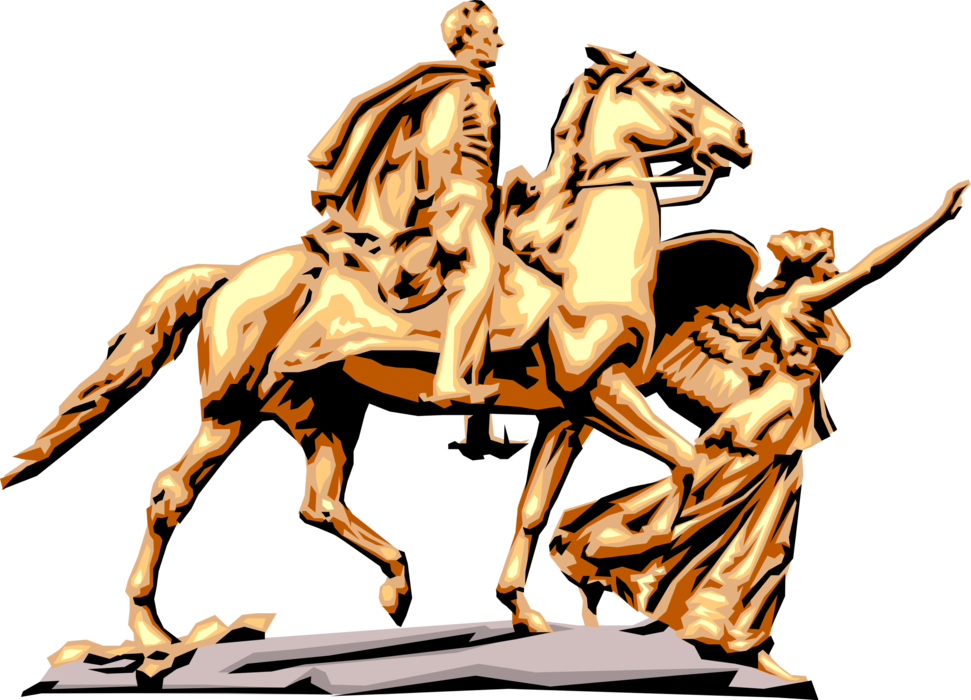 Vector Illustration of Man Riding Horse Bronze Statue with Winged Victory