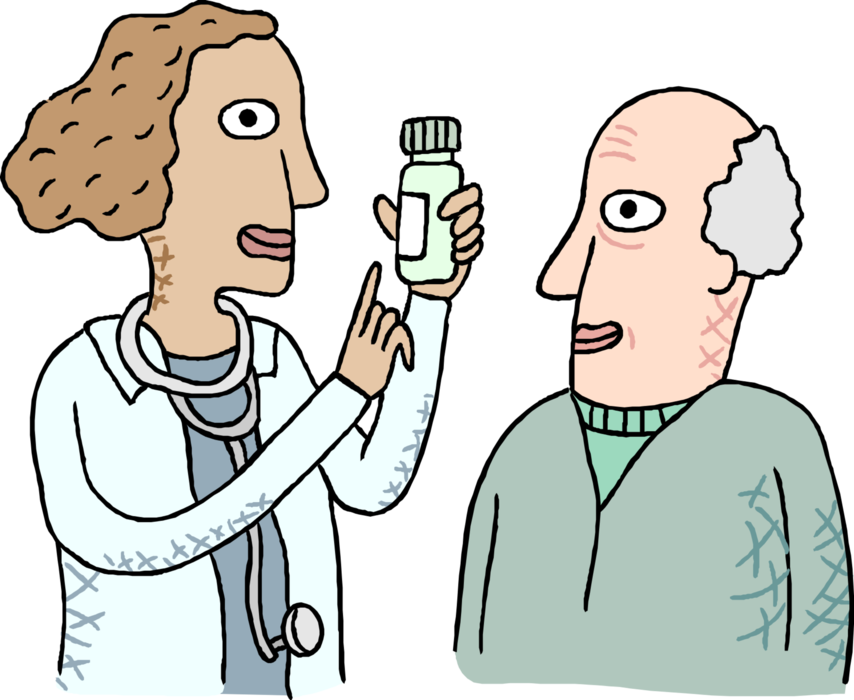 Vector Illustration of Doctor or Physician Describing Prescription Drug Medication to Elderly Patient