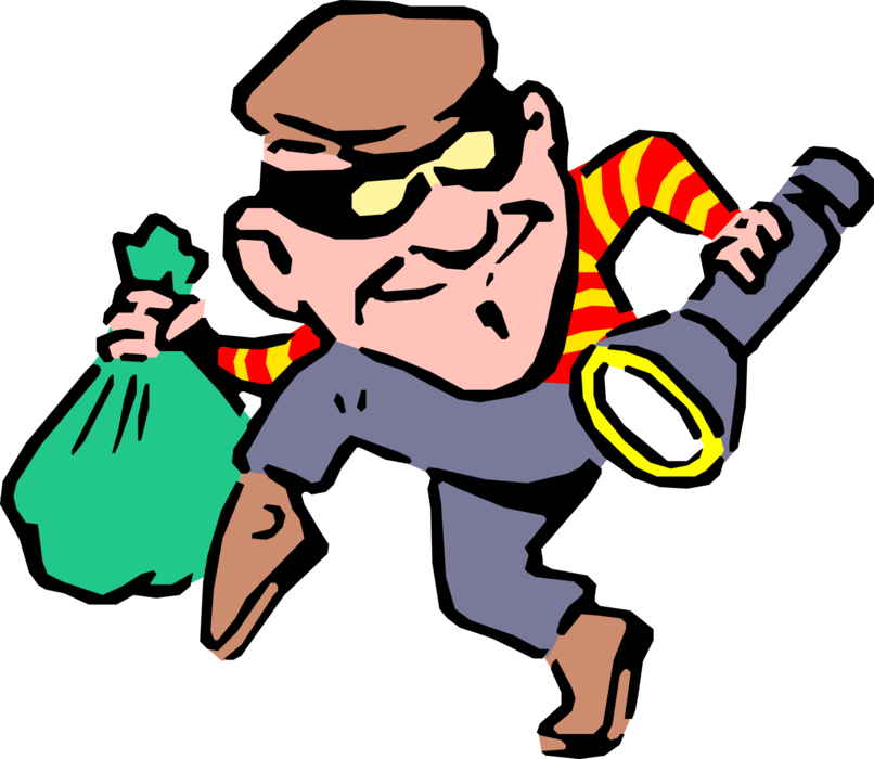 Vector Illustration of Stealthy Crook or Thief Surreptitiously Tiptoes with Loot and Flashlight