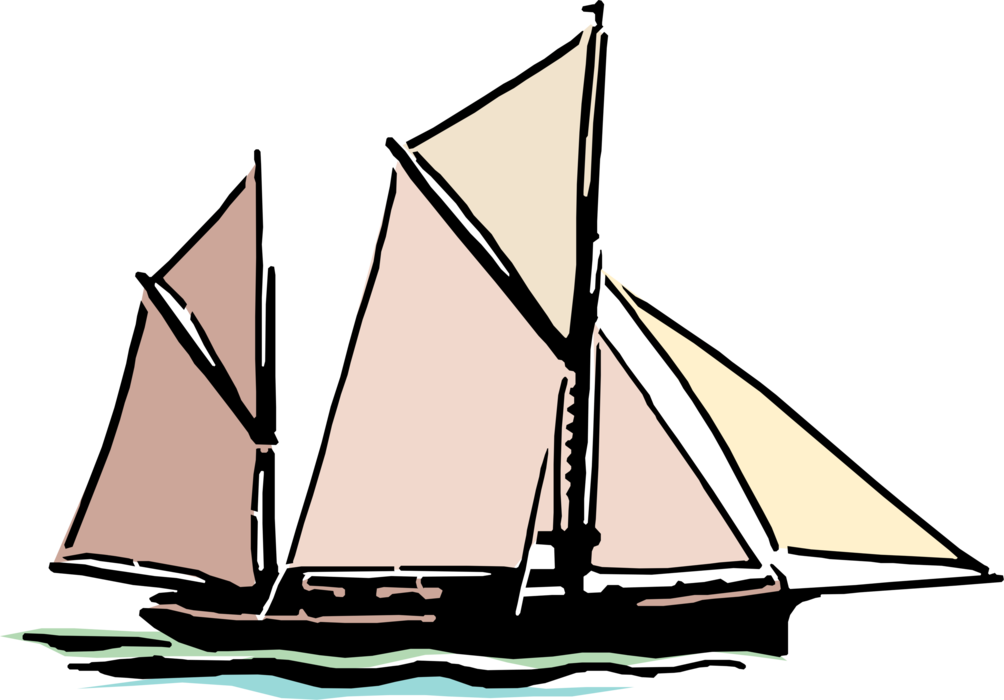 Vector Illustration of Tall Ship Sailboat Schooner Rigged Sailing Vessel with Fore-and-Aft Sails