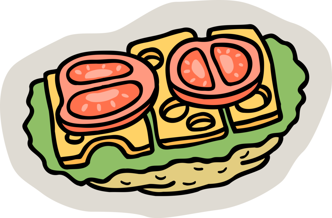 Vector Illustration of Sliced Tomato with Cheese and Lettuce Hors-d'oeuvres Canapé on Crackers