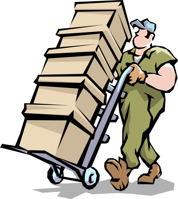 Vector Illustration of Handyman House Mover Delivers Boxes with Handcart Dolly