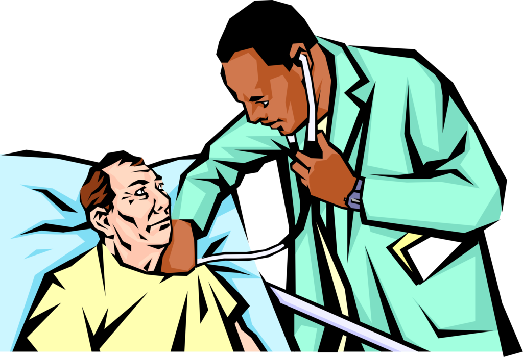 Vector Illustration of Physician Examining an Old Man Uses Stethoscope to Listen to Heartbeat