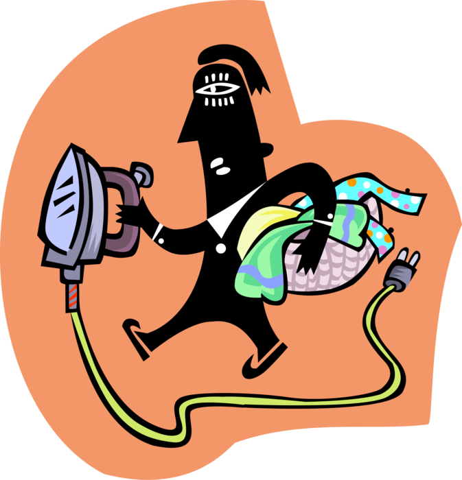 Vector Illustration of Ironing Man with Electric Iron and Laundry