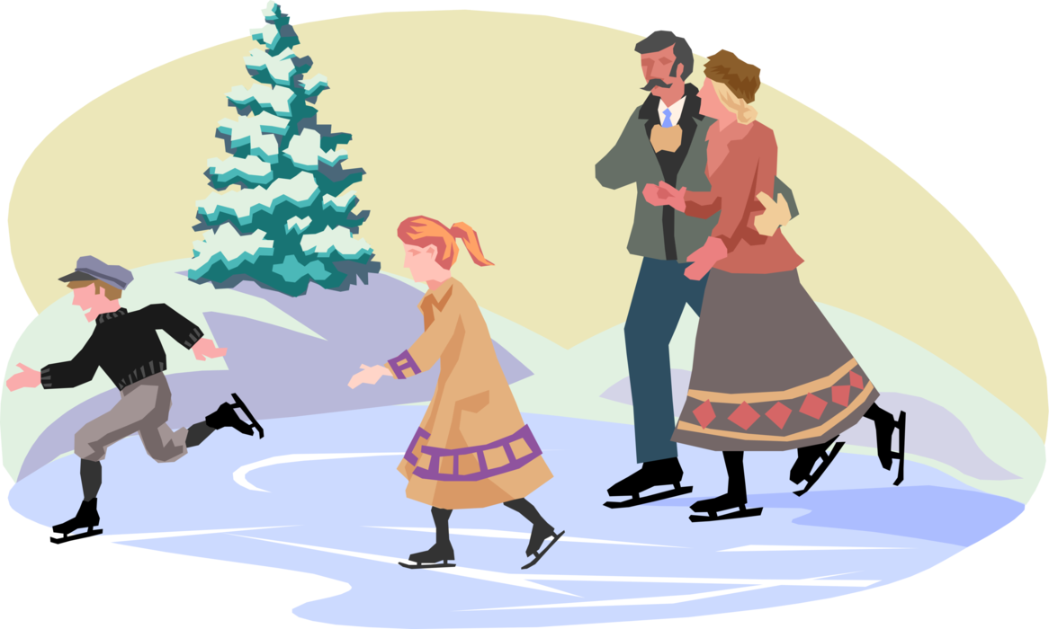 Vector Illustration of 19th Century Victorian Era Ice Skaters Skating on Frozen Pond in Winter