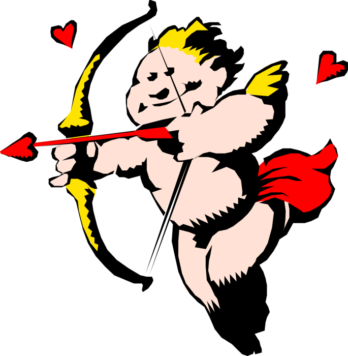 Vector Illustration of Cupid Archer God of Desire and Erotic Love with Bow and Arrow and Love Hearts