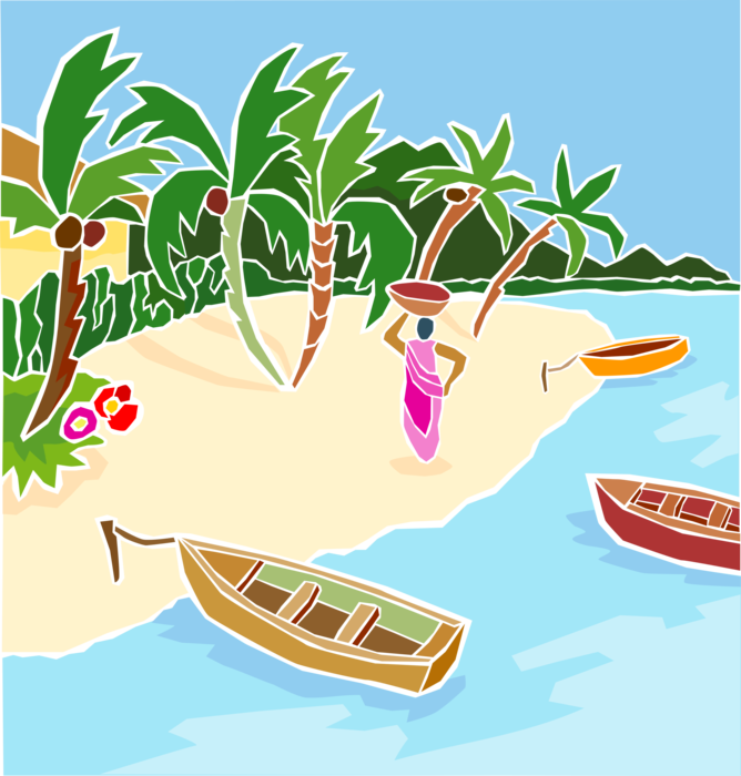 Vector Illustration of Tropical Island Beach with Boats and Seashore