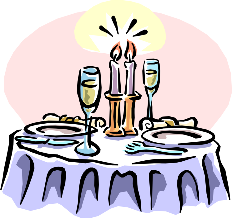 Vector Illustration of Special Restaurant Dinner with Candlelight and Champagne