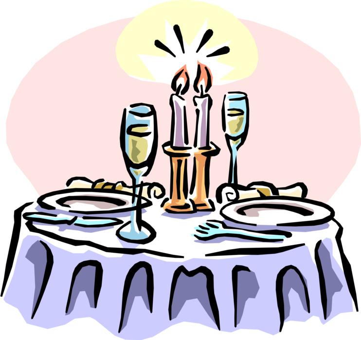 Vector Illustration of Special Restaurant Dinner with Candlelight and Champagne