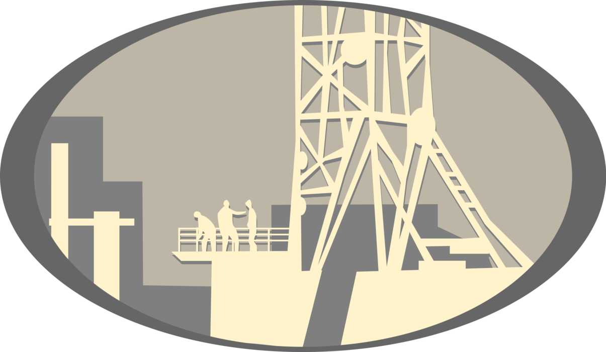 Vector Illustration of Petroleum Fossil Fuel Oil Rig Drilling Platform Derrick and Drill