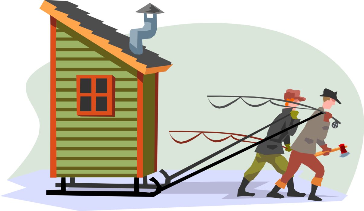 Vector Illustration of Winter Ice-Fishing Shack with Fishermen