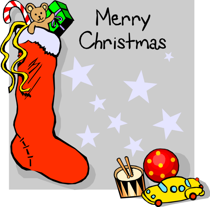 Vector Illustration of Merry Christmas Stocking with Toys