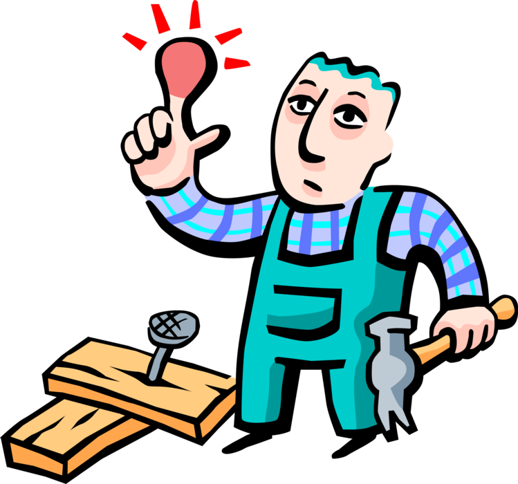 Vector Illustration of Home Handyman Hits Finger with Hammer While Hammering Nail