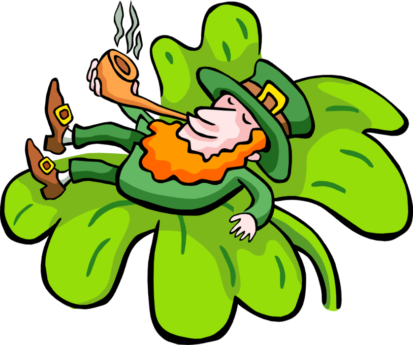 Vector Illustration of St Patrick's Day Irish Leprechaun in Clover Smoking Pipe Tobacco