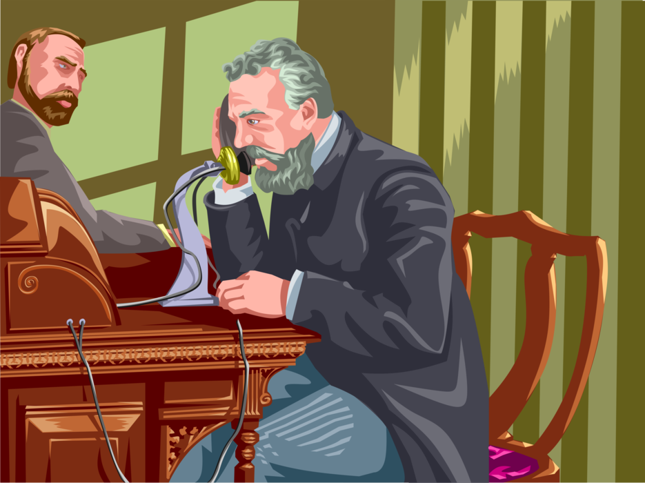 Vector Illustration of Alexander Graham Bell Invents the Telephone and Makes His First Phone Call