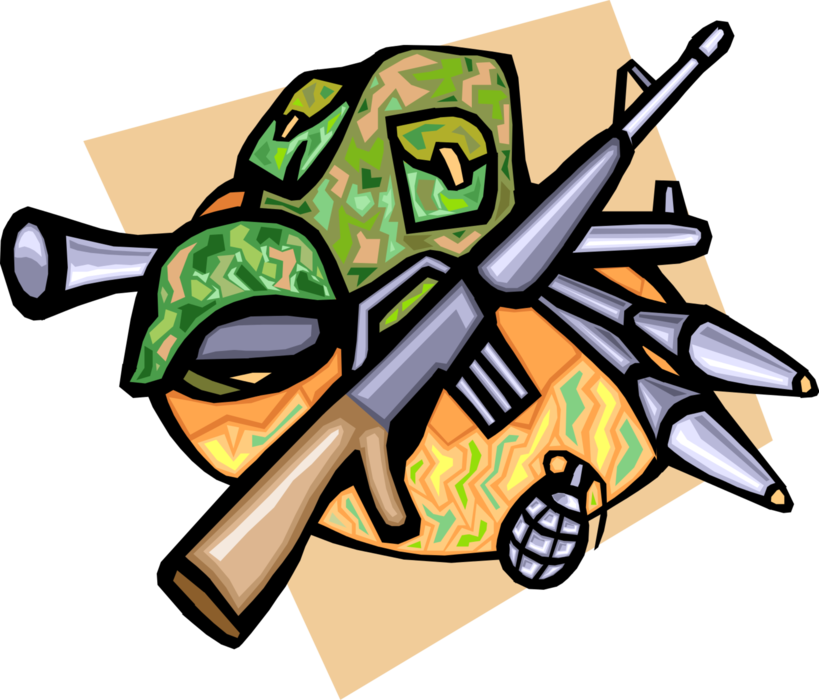 Vector Illustration of Military Camouflage and Weapons of War Guns, Grenade, and RPG's