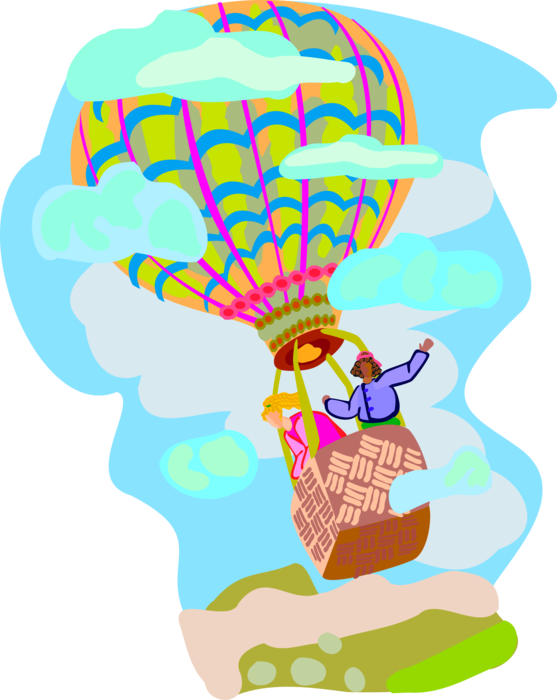 Vector Illustration of Hot Air Ballooning with Gondola Wicker Basket Carry Passengers Aloft