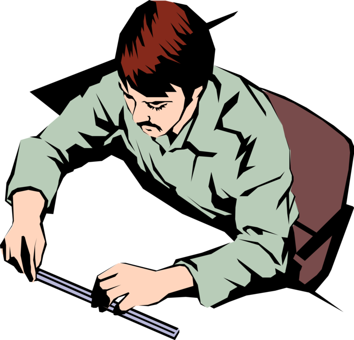 Vector Illustration of Draftsman with Slide Ruler Works at Desk