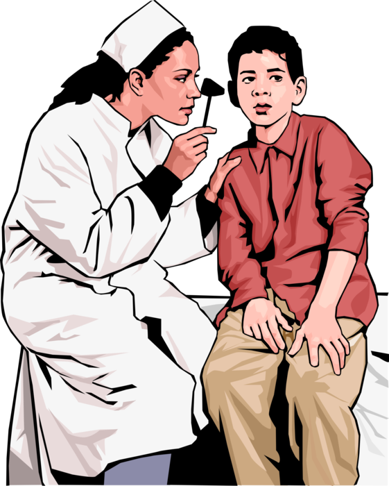 Vector Illustration of Physician Checks Patient's Ears with Otoscope