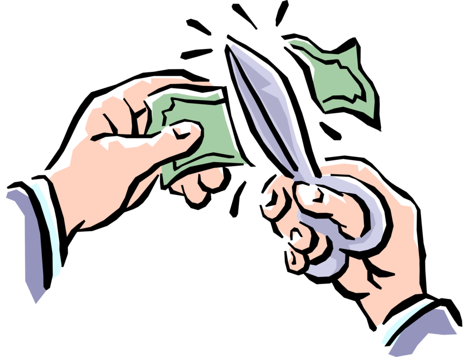 Vector Illustration of Hands Cutting Dollar Bill Money with Scissors