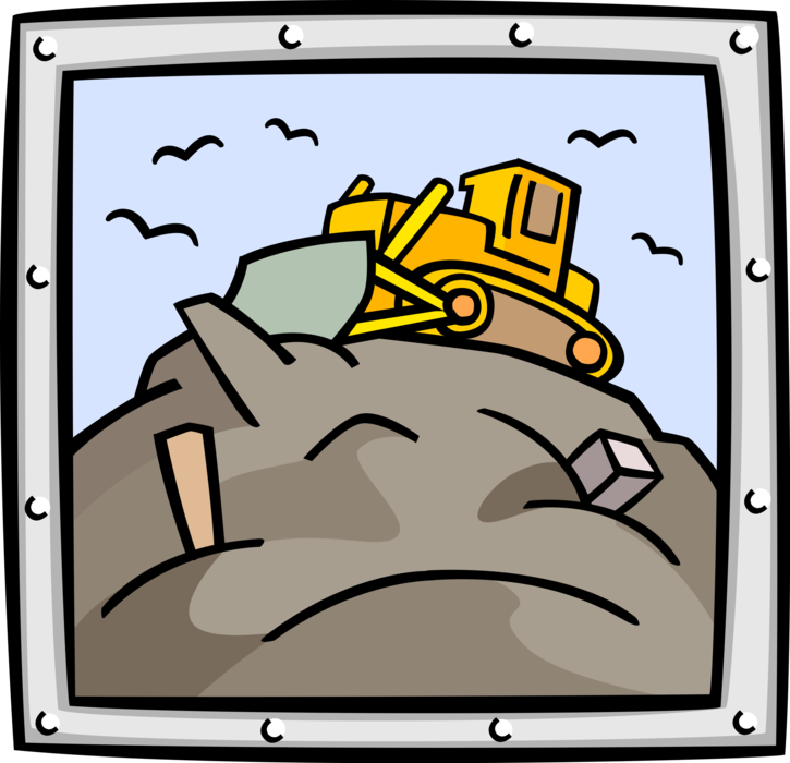 Vector Illustration of Heavy Equipment Bulldozer on Rubbish Garbage Dump Landfill Site