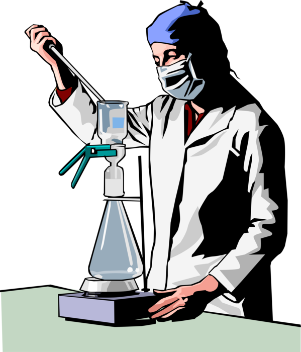 Vector Illustration of Research Chemist Transfers Liquid into Glass Flask with Beaker and Pipette