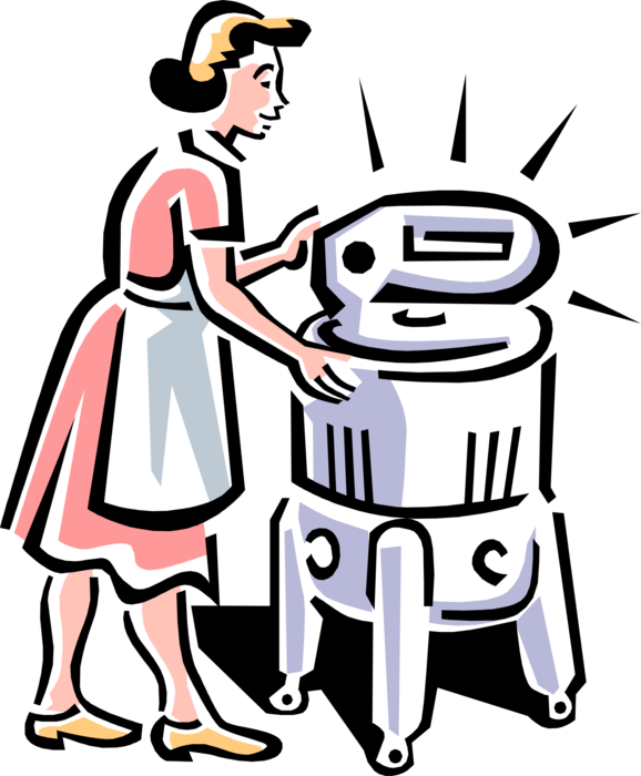 Vector Illustration of Old-Fashioned Washing Machine Cleans Laundry