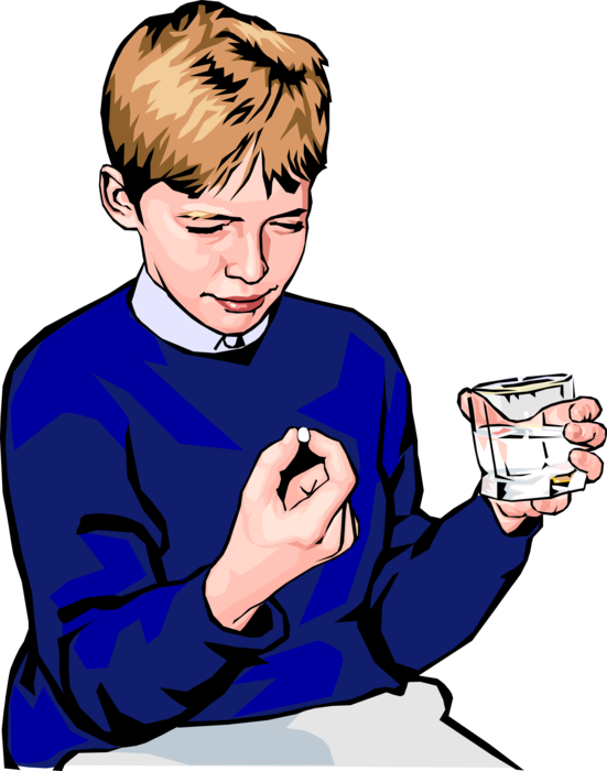 Vector Illustration of Boy Taking Pharmaceutical Oral Dosage Pill with Glass of Water