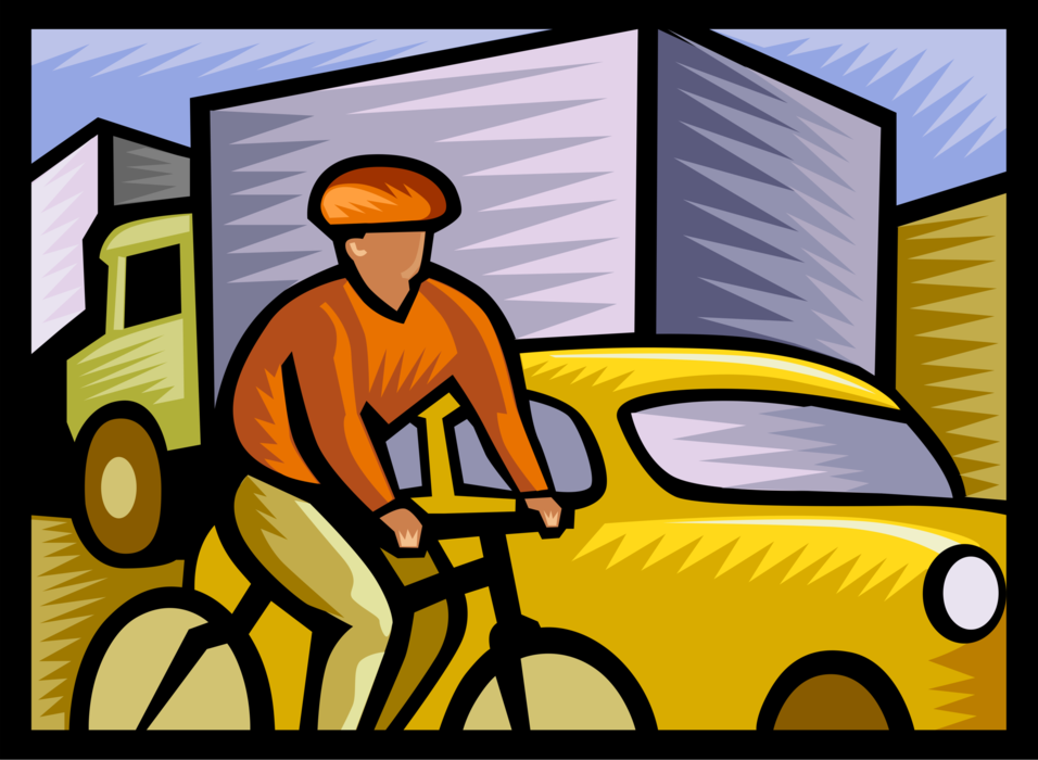Vector Illustration of Cycling Enthusiast Rides Bicycle on Street in Rush Hour Traffic